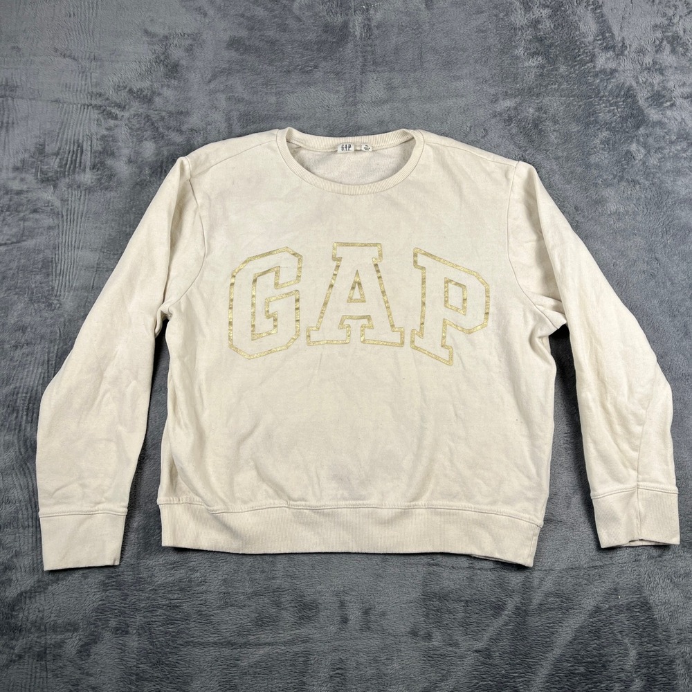 Gap Sweatshirt Womens XL Off White Fleece Lined Logo Print Relaxed Fit Winter